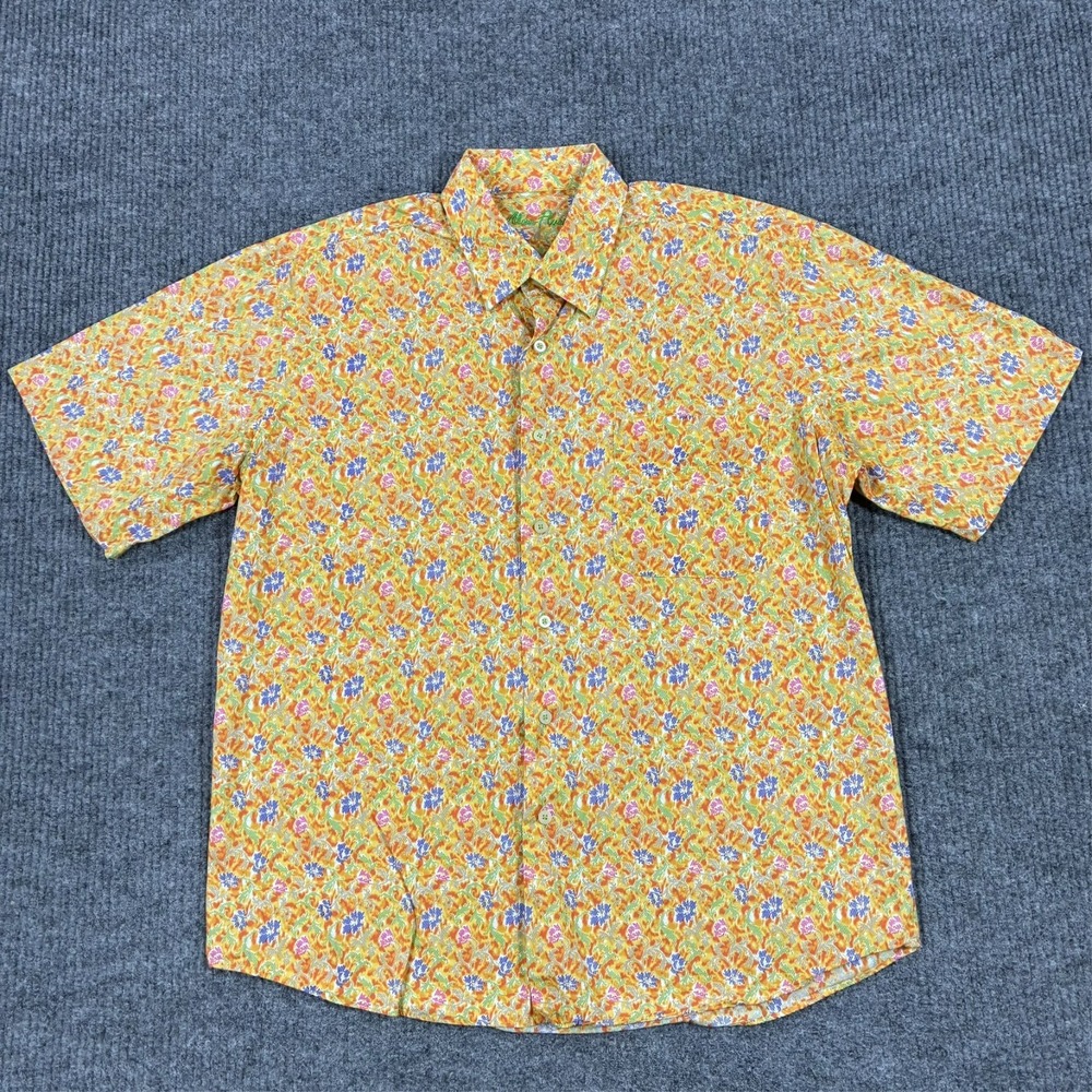 Alan Flusser Mens Button Up Shirt Size L Floral Multicolor Cotton Short Sleeve